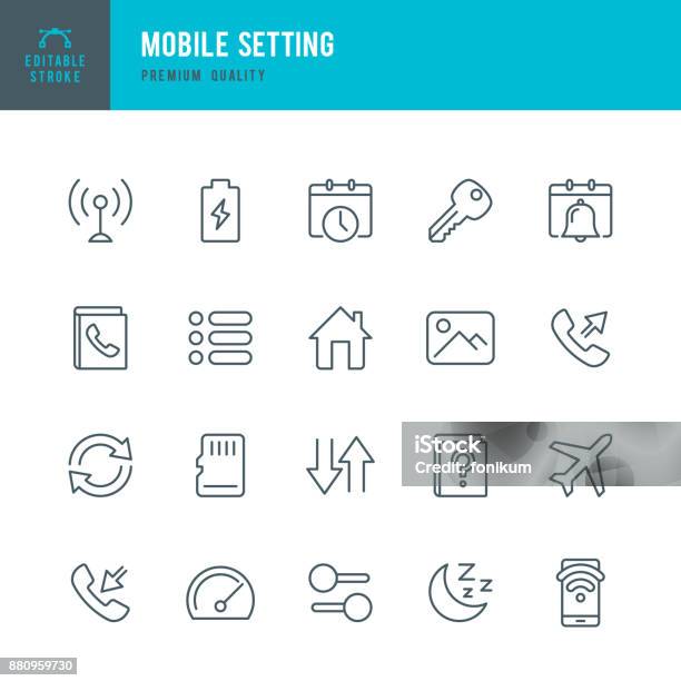 Mobile Setting Set Of Thin Line Vector Icons Stock Illustration - Download Image Now - Icon Symbol, Clock, Telephone Directory