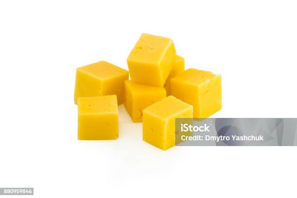 Cube Of Cheese Isolated On A White Background Stock Photo - Download Image Now - Cheese, Cube Shape, Cut Out
