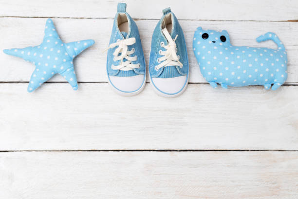 istock Children's sneakers and  toys blue. Mockup 880960042