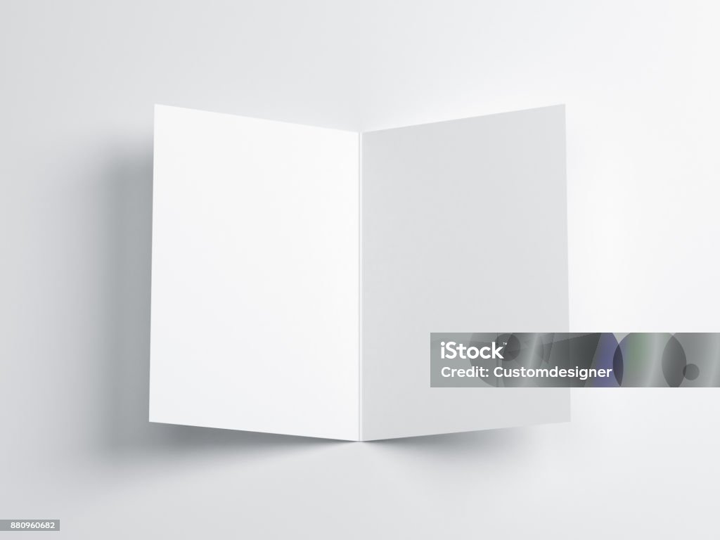 Opened blank greeting card Mockup, Top view on leaflet or invitation Opened blank greeting card Mockup, Top view on leaflet or invitation, 3d rendering Greeting Card Stock Photo