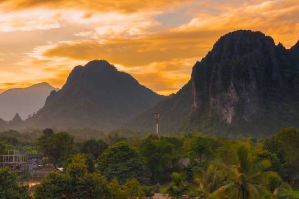 istock Viewpoint and beautiful sunset at Vang Vieng, Laos. 880962878