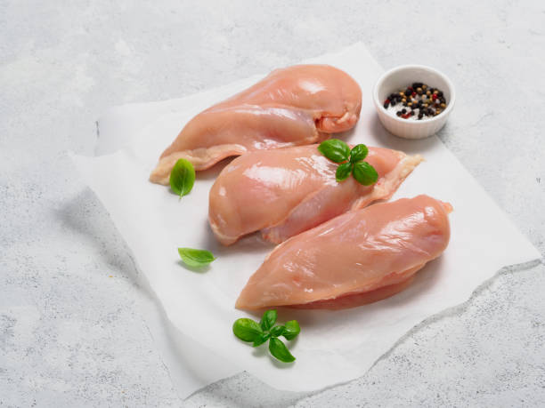 istock Raw chicken breast with fresh basil on paper over gray cement background 880966850