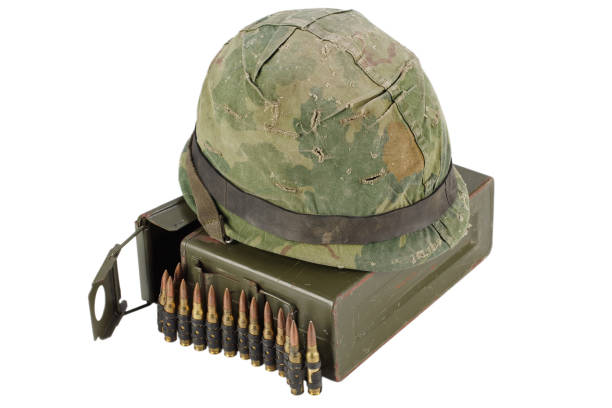 istock .30 Cal Metal Ammo Can with ammunition belt and helmet 880969980