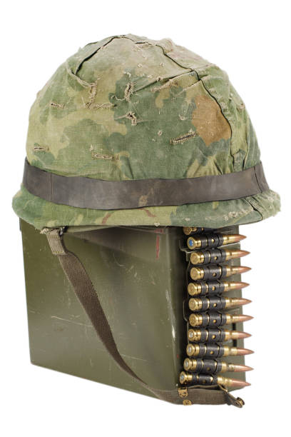 istock .30 Cal Metal Ammo Can with ammunition belt and helmet 880972442