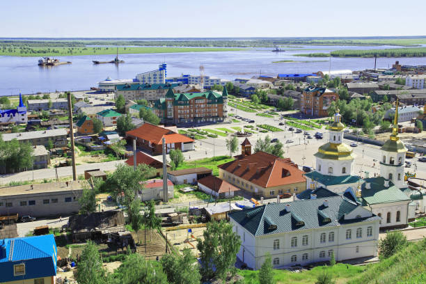 Russia,Khanty-Mansiysk.A view from the hill Russia,Khanty-Mansiysk.A view of the village of Samarovo hill western siberia stock pictures, royalty-free photos & images