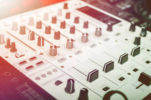 istock Turntablism turntables plate mixer night party pub wite light sunset background. 880976238