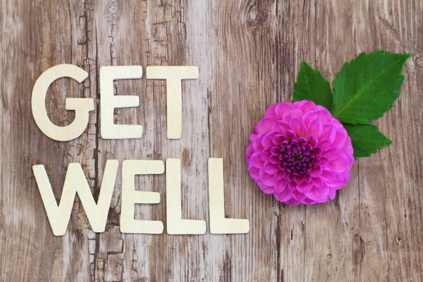 istock Get well written on rustic wooden surface and pink dahlia 880976254