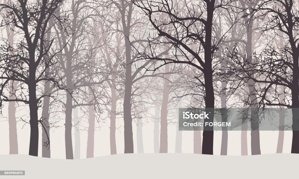 Vector illustration of a winter forest without leaves with snow and hazy backgrounds Tree stock vector