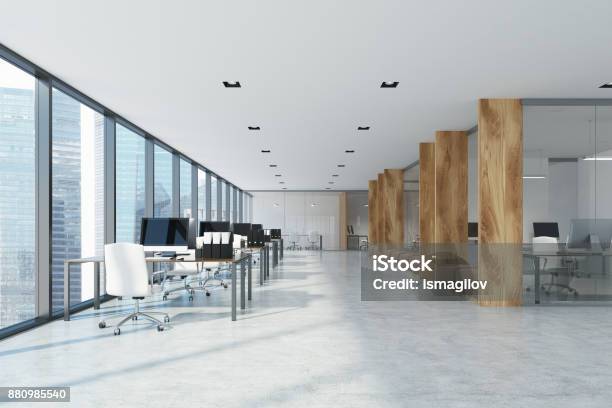 White And Wooden Open Space Office Interior Stock Photo - Download Image Now - Office, No People, Domestic Room