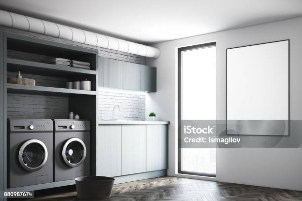 Gray Laundry Room Gray Washing Machines Poster Stock Photo - Download Image Now - Laundry, Modern, Poster