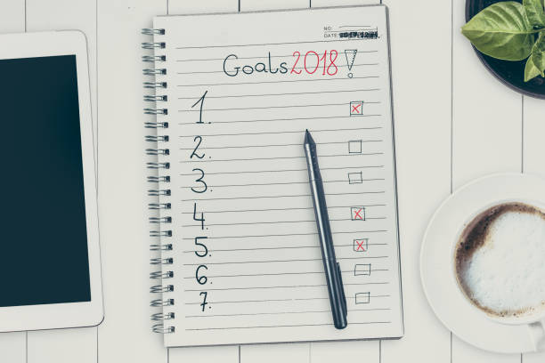 istock Goals in 2018. View from the top of the flat lying objects on the table and in the notebook recorded goals for 2018. Filtered in instagram style. 880993930