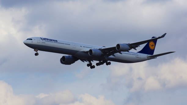 lufthansa airbus a340-600 of lufthansa airline landing at frankfurt international airport fra. the airbus a340 - msn 569 - registration d-aihi is named city moenchengladbach - brand named water imagens e fotografias de stock