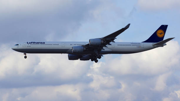 lufthansa airbus a340-600 of lufthansa airline landing at frankfurt international airport fra. the airbus a340 - msn 569 - registration d-aihi is named city moenchengladbach - brand named water imagens e fotografias de stock