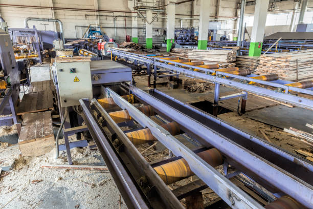 istock Sawmill. The process of cutting logs into boards. Automatic line sawing 880997604