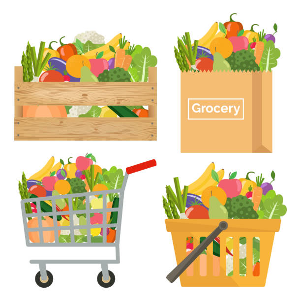 Shopping basket, cart, crate and paper bag with vegetables and fruits. Healthy lifestyle. Vector illustration, flat design. basket of fruit stock illustrations