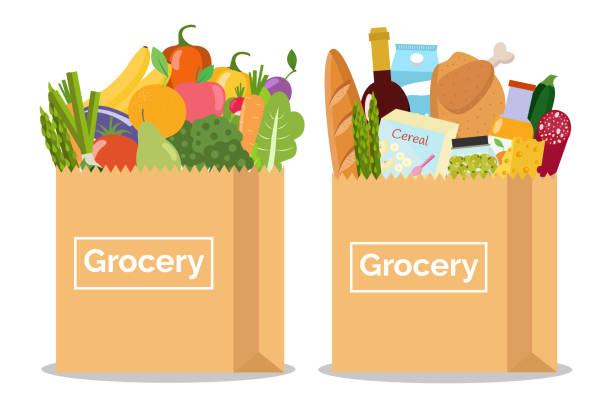 ilustraciones, imágenes clip art, dibujos animados e iconos de stock de supermercado en una bolsa de papel y verduras y frutas en bolsa de papel. - paper bag illustrations