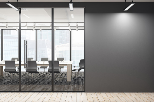 Contemporary meeting room corridor with empty wall and city view. Mock up, 3D Rendering