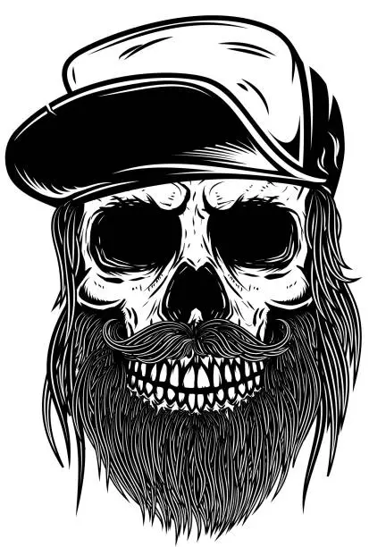 Vector illustration of Bearded skull in baseball cap. Design element for t shirt, poster, emblem, sign. Vector illustration