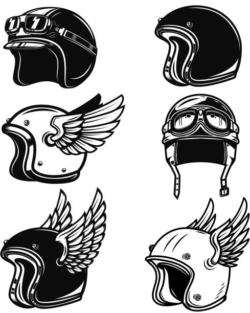 ilustrações, clipart, desenhos animados e ícones de conjunto de capacetes do piloto. elementos de design para o rótulo, sinal, emblema, distintivo. ilustração vetorial - helmet motorized sport biker crash helmet