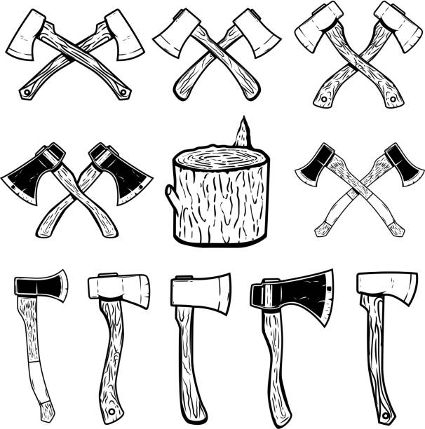 satz von holzschnitte, holzfäller-achsen. design-elemente für abzeichen, emblem, label und zeichen. vektor-illustration - lumberjack lumber industry forester axe stock-grafiken, -clipart, -cartoons und -symbole