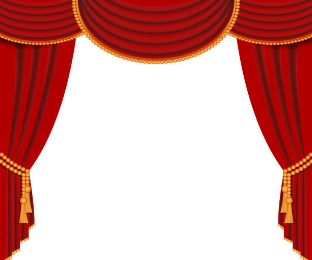 Red curtains, open scene background, isolated, vector Red curtains background template. Realistic vector illustration isolated on white stage curtain stock illustrations