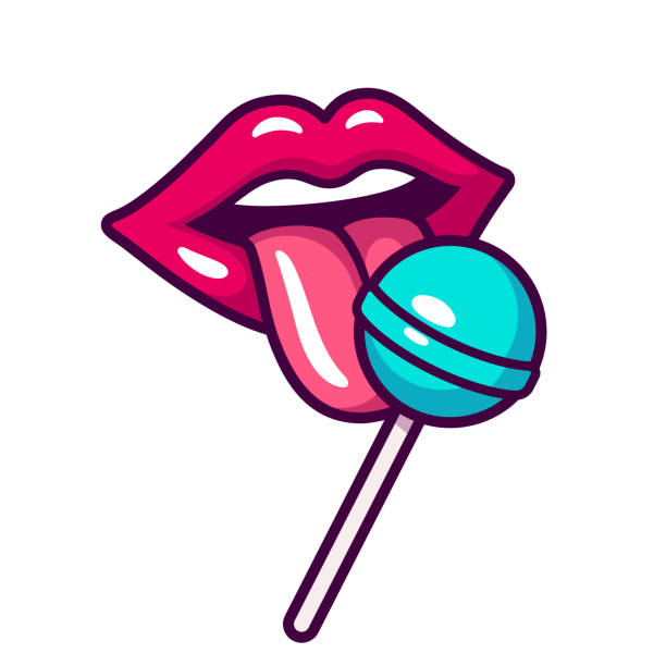 Female lips licking lollipop Sexy female lips licking lollipop. Girl eating candy on stick. Vector illustration in cartoon comic style. candy in mouth stock illustrations