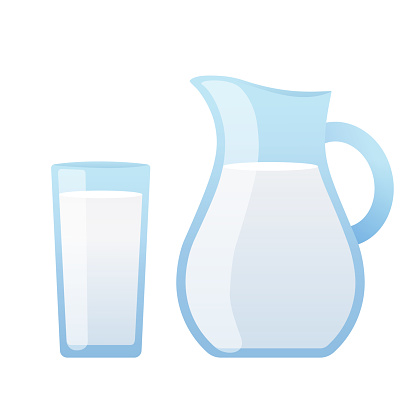 Milk jug and glass of milk isolated on white background. Simple modern vector illustration.