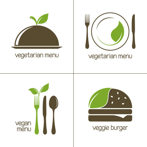wegetariańskie ikony jedzenia - spoon vegetable fork plate stock illustrations
