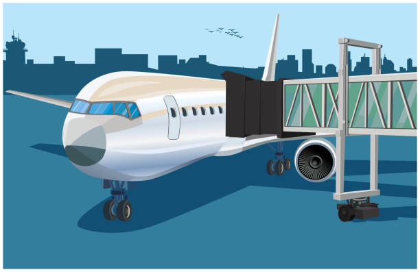 Plane at the airport Stylized vector illustration of an airplane with a telescopic gangway in the airport passenger boarding bridge stock illustrations