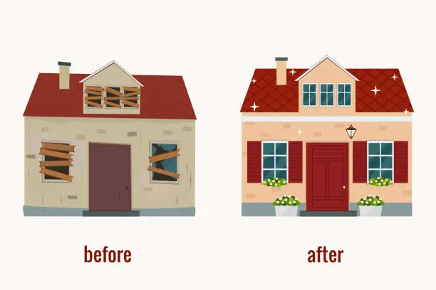 Vector illustration of House before and after repair vector illustration.