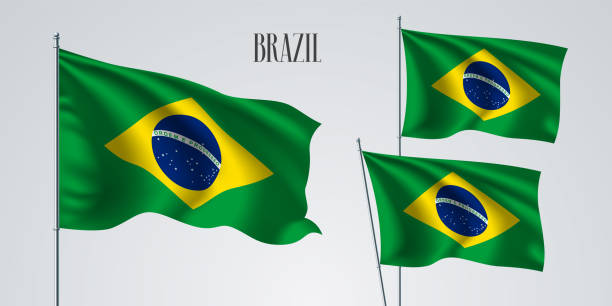 бразилия размахивая флагом набор векторных иллюстраций - бразильский флаг stock illustrations