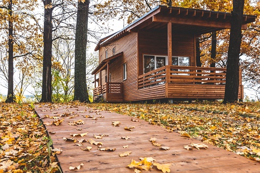 Amazing wooden house exterior located in oak forest near river Kurumka in perfect place in Samara, Russia. Autumn season with yellow leaves and yellow grass. Yellow foliage on the ground.