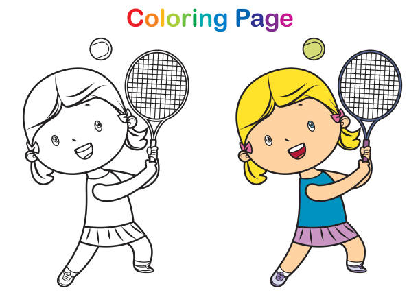 illustrations, cliparts, dessins animés et icônes de livre de coloriage : jeune fille jouant au tennis - tennis child teenager childhood
