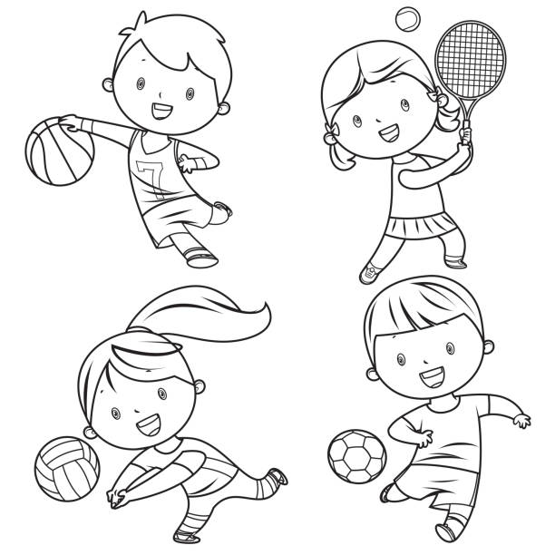 мультфильм дети спортивные персонажи ри�сунок - tennis child sport cartoon stock illustrations