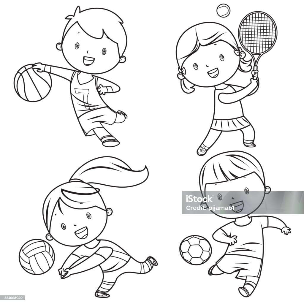 Cartoon Kids Sports Characters Drawing Stock Illustration - Download Image  Now - Child, Coloring, Soccer - iStock