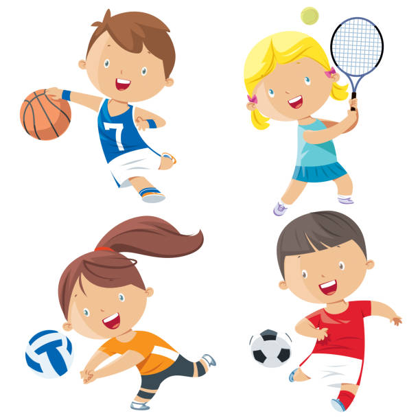 cartoon kinder sport figuren - volleyball spielball stock-grafiken, -clipart, -cartoons und -symbole
