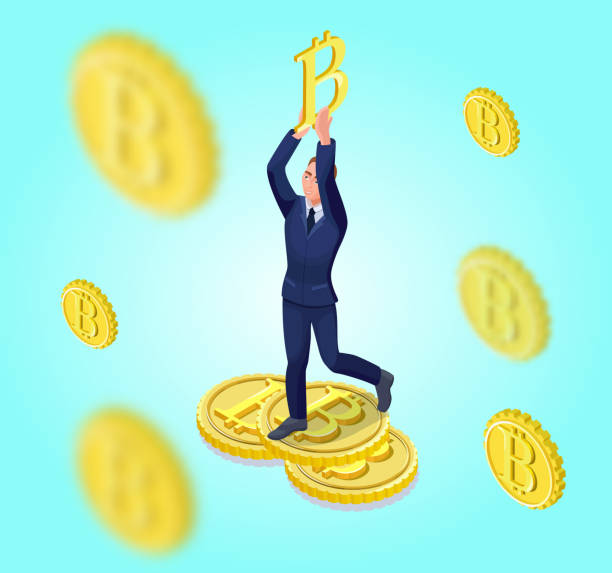 istock Isometric businessman with bitcoin symbol, cryptocurrency coins, money banknotes, successful financial wealth concept, 3d vector illustration 881072936