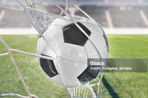 Goal At Stadium Stock Photo - Download Image Now - Shooting at Goal, Soccer, Soccer Ball