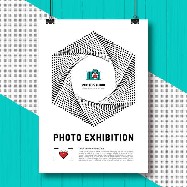 Photo exhibition design template poster or flyer Photo exhibition design template poster or flyer. Camera aperture, shutter symbol. Photo and photographer modern design background. Vector illustration poster photos stock illustrations