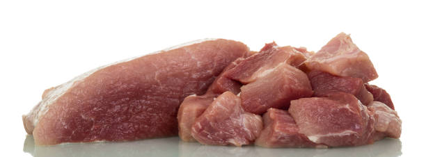 istock Large piece of fresh pork and small pieces isolated on white 881083784