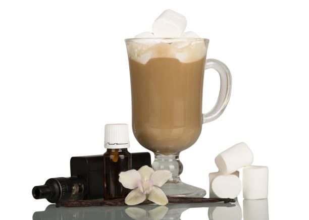 istock Cappuccino with marshmallows, electronic cigarette liquid and Smoking, isolated on white 881084792