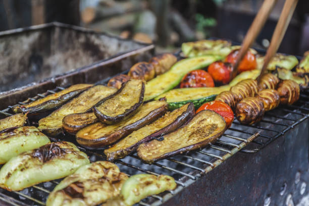 istock Assorted grilled vegetables.Chef cooking vegetables.top view close up 881089082