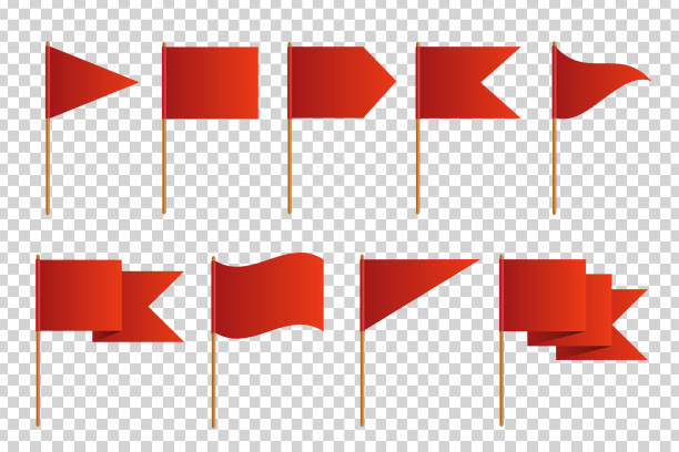 illustrazioni stock, clip art, cartoni animati e icone di tendenza di set vettoriale di realistiche bandiere rosse isolate per la decorazione e la copertura sullo sfondo trasparente. concetto di puntatore, tag e segno importante. - rosso illustrazioni
