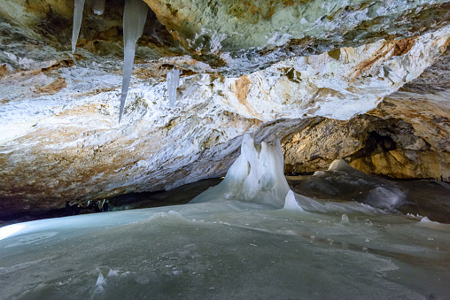 A colorful view of the ice cave in the glacier in slovakia underground