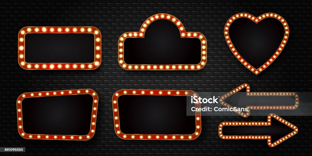 Vector set of realistic isolated retro sign neon billboards on the wall background. Template for vintage decoration and signboard. Sign stock vector