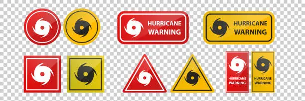 Vector illustration of Vector realistic isolated hurricane warning red signs on the transparent background.