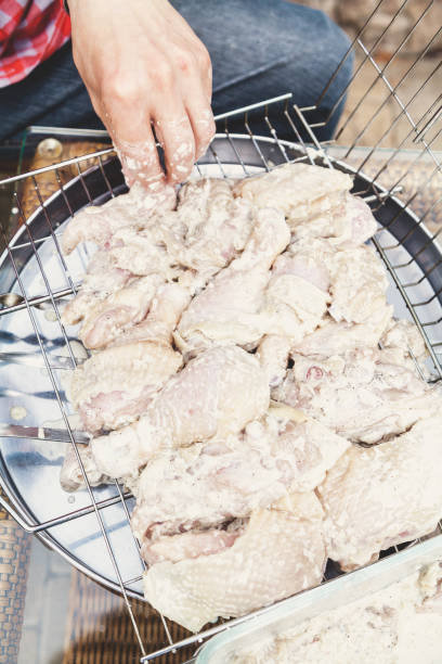 pezzi di pollo sottaceto riposti nella griglia barbecue - stowed foto e immagini stock