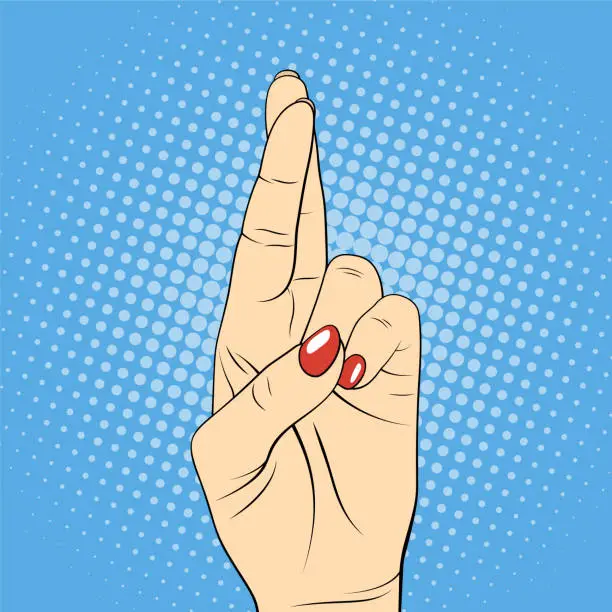 Vector illustration of Fingers crossed, hand gesture. Pop art retro comic illustration