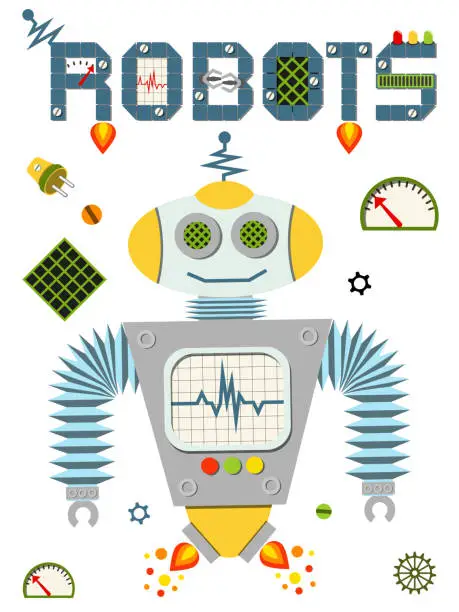 Vector illustration of Bright colorful poster with vintage robot and tech isolated on white background.