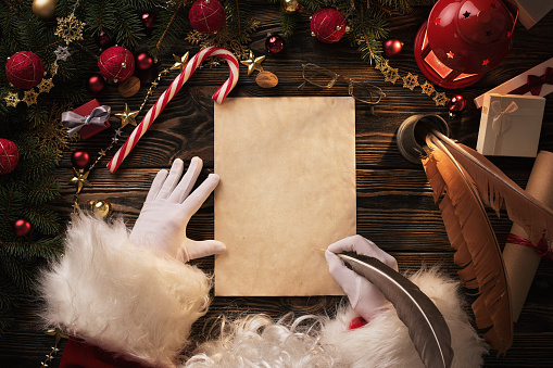 Christmas background, Santa Claus writting on blank paper sheet over wooden table with copy space